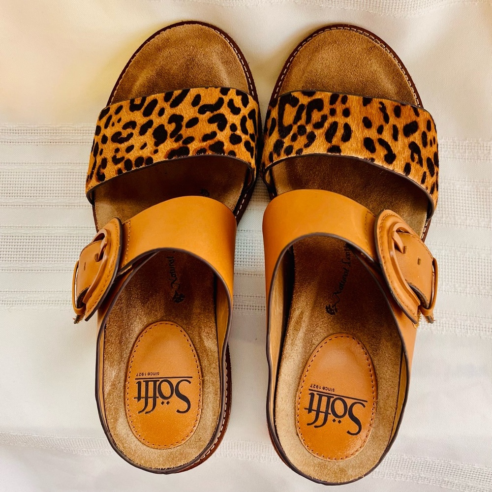 Söfft Leopard Print and Tan Leather Slide Sandals - Picture 6 of 14